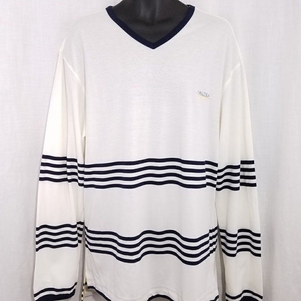 Nautica Competition Knit Shirt Vintage 90s Sweater V Neck Mens Size Large